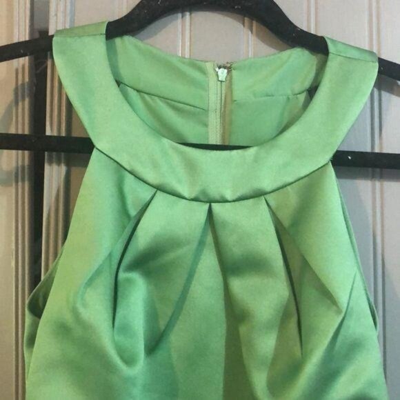 David's Bridal Green Satin Halter Cocktail Dress Pleated Neckline Ruched Waist - Picture 2 of 7